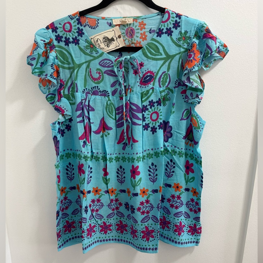 easel Turquoise Floral Ruffle Tie-Neck Blouse